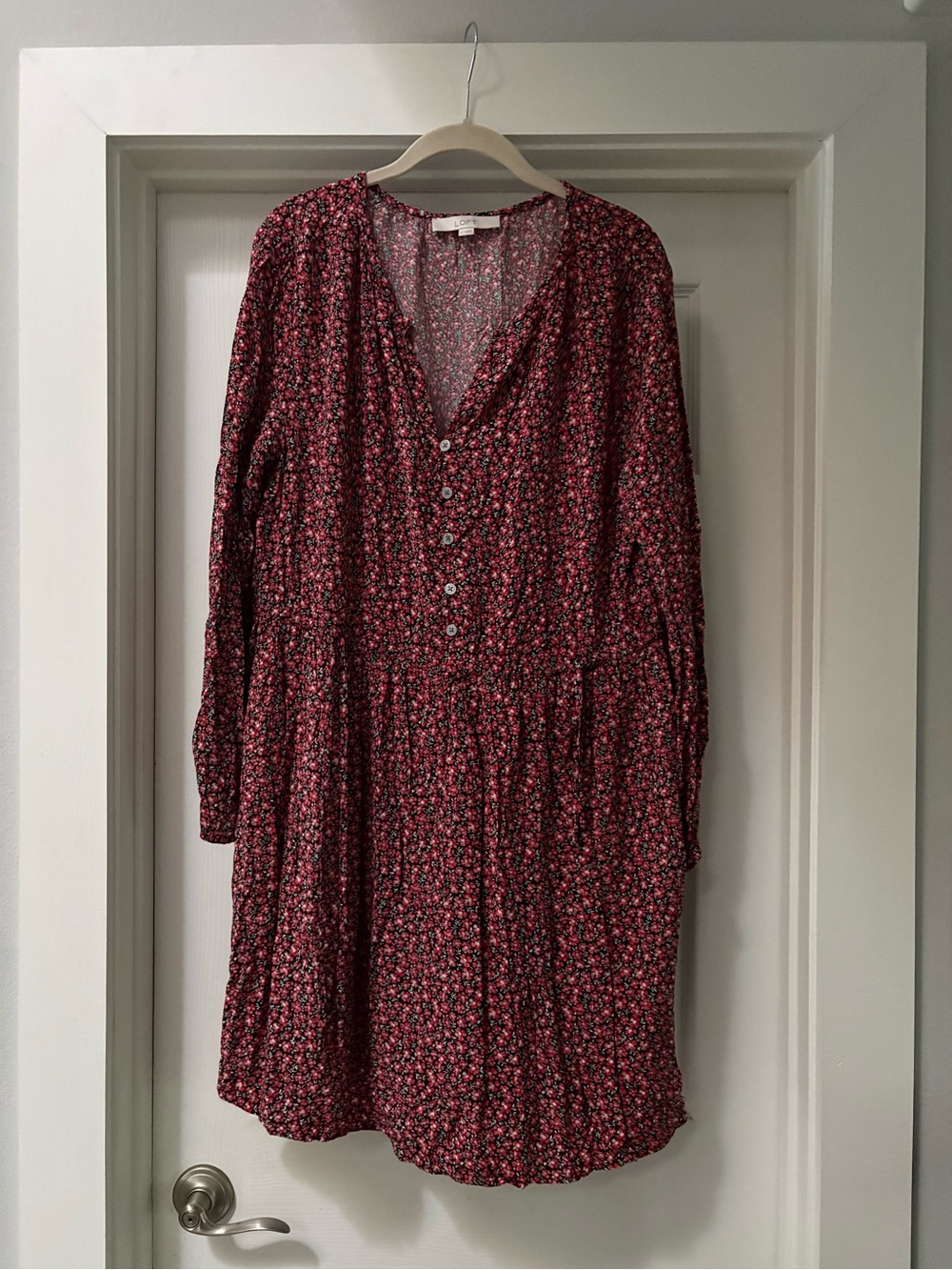 LOFT Burgundy Floral Button-Front Long Sleeve Dress
